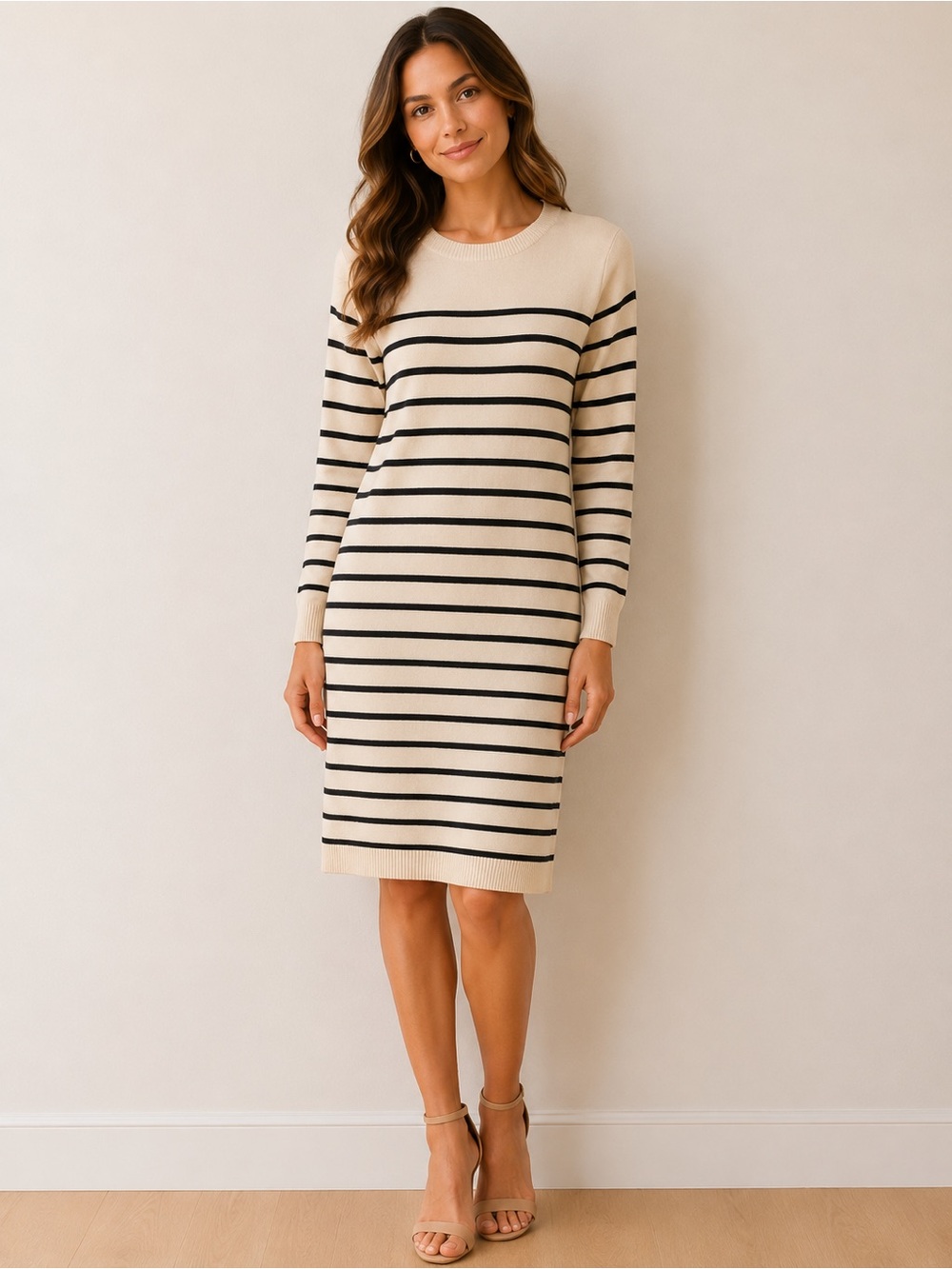Cream & Black Striped Sweater Dress Size Medium